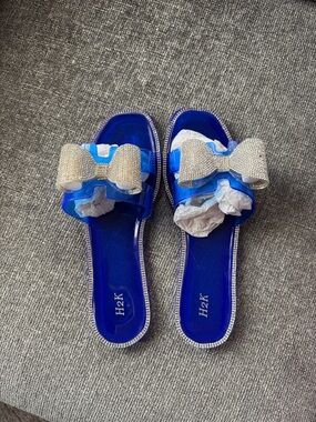 Blue Women's Slide Sandals with Crystal Bow